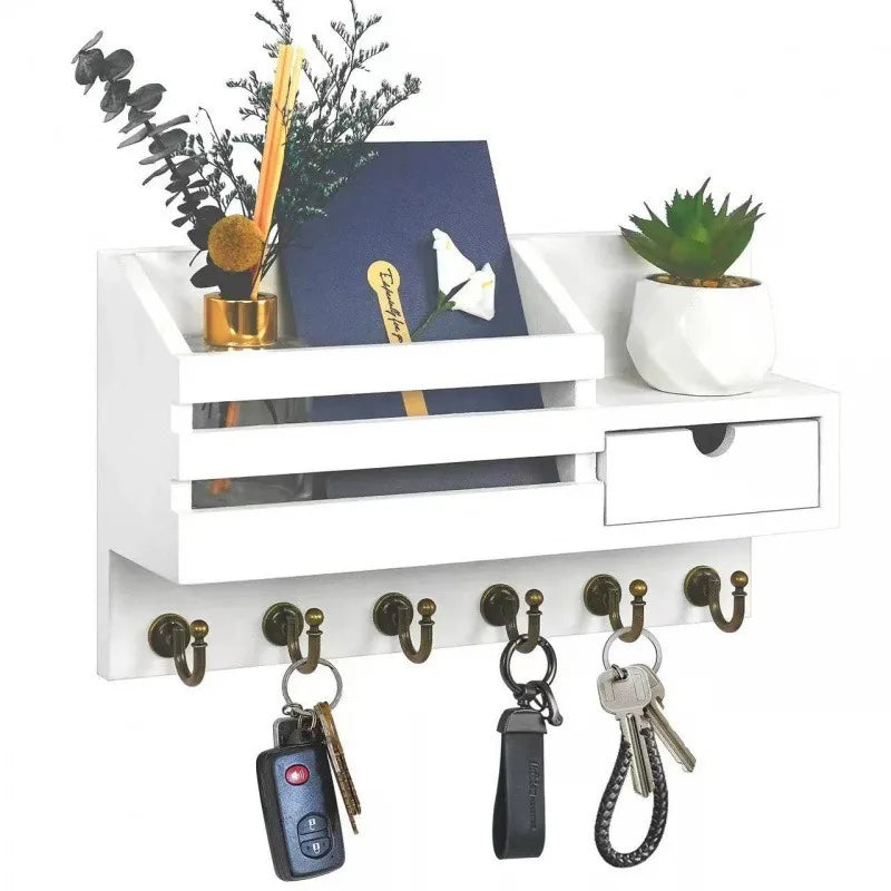 Wood Wall-Mounted Key Rack & Mail Organizer with 6 Hooks