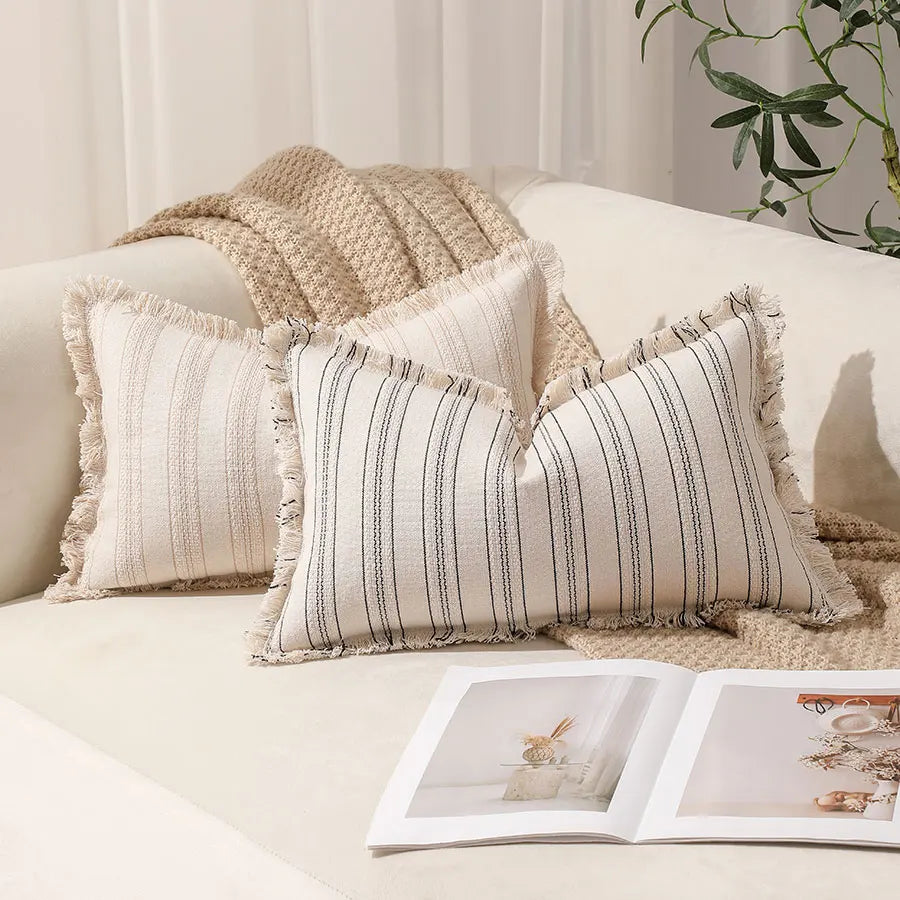 Boho Striped Pillow Cover with Fringed Edges - product view 2