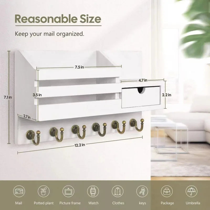 Wood Wall-Mounted Key Rack & Mail Organizer with 6 Hooks - product view 2