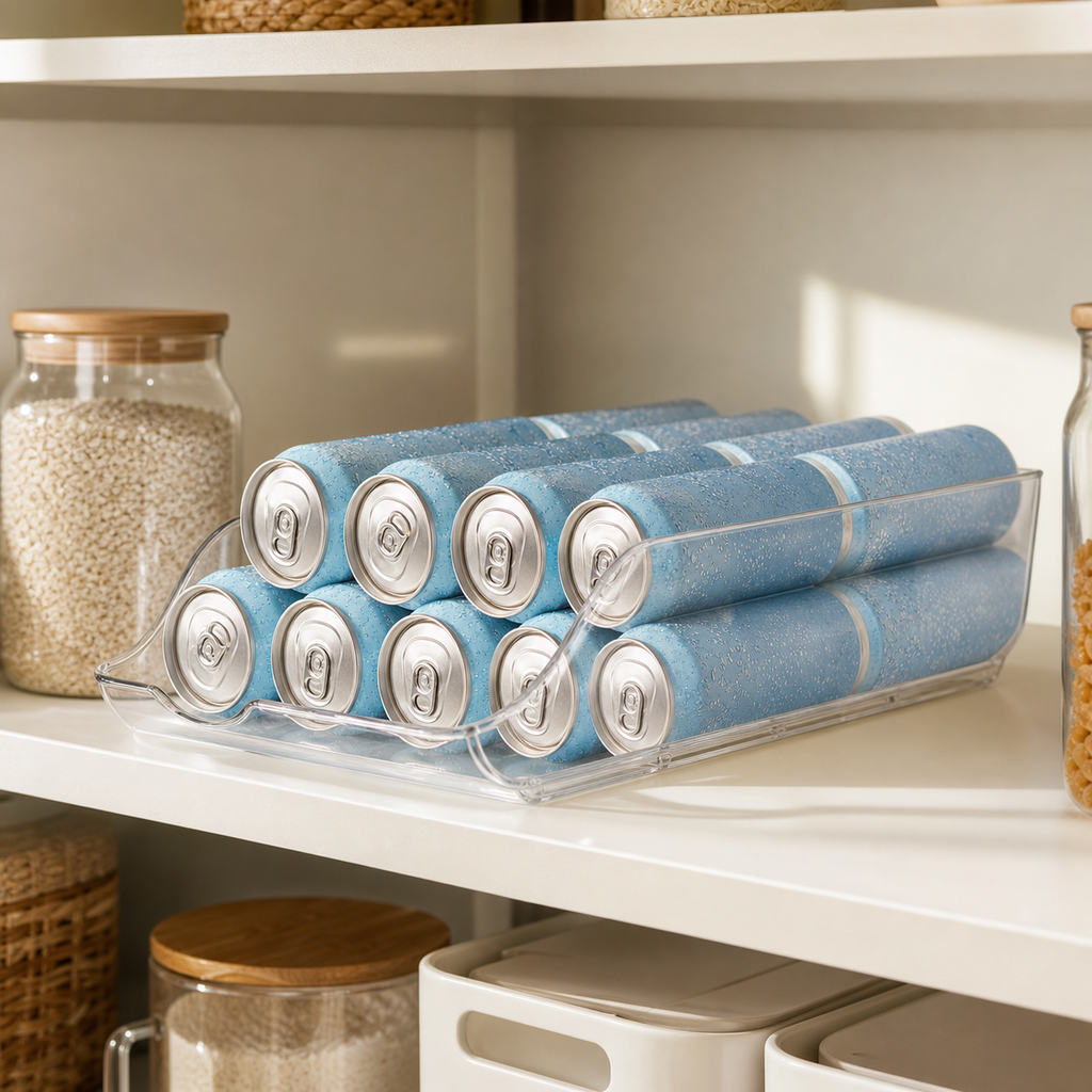 Auto-Roll Refrigerator Can Dispenser & Organizer Bin