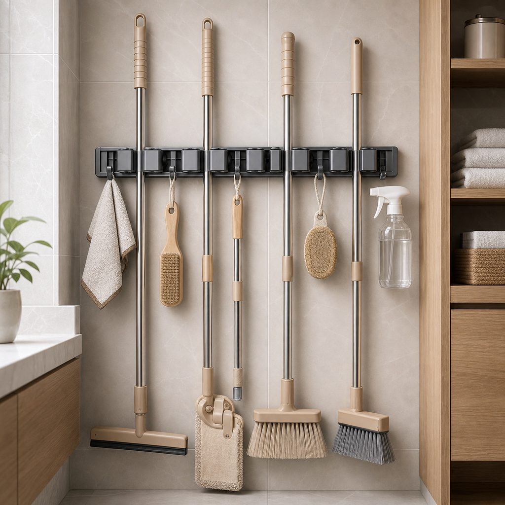 No-Drill Self-Adhesive Mop and Broom Holder