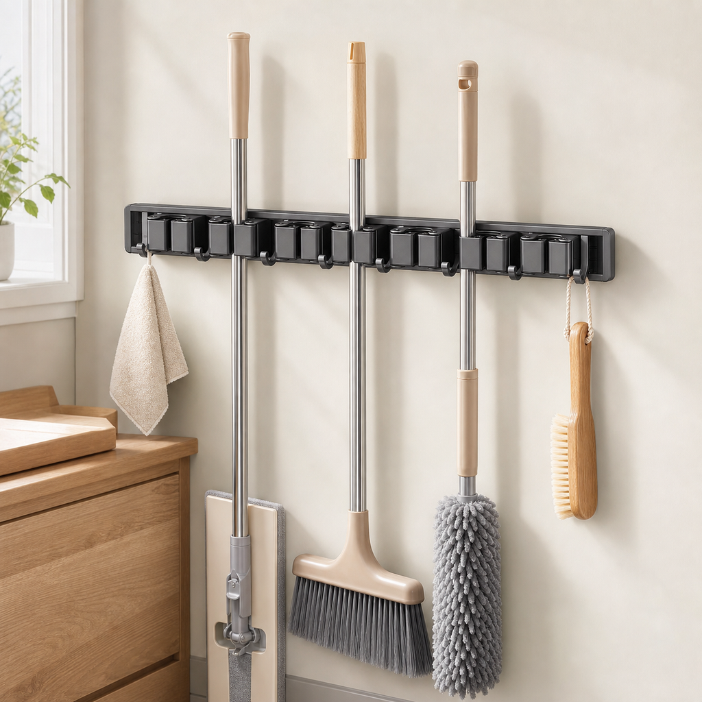 No-Drill Self-Adhesive Mop and Broom Holder