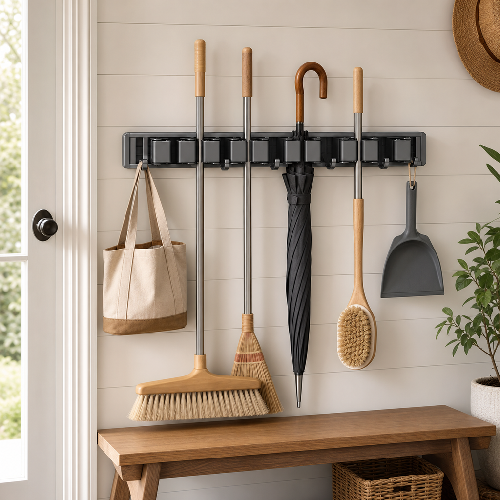 No-Drill Self-Adhesive Mop and Broom Holder