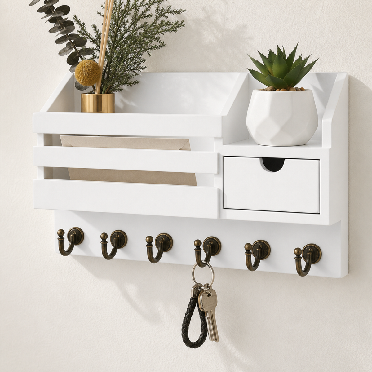 Wood Wall-Mounted Key Rack & Mail Organizer with 6 Hooks