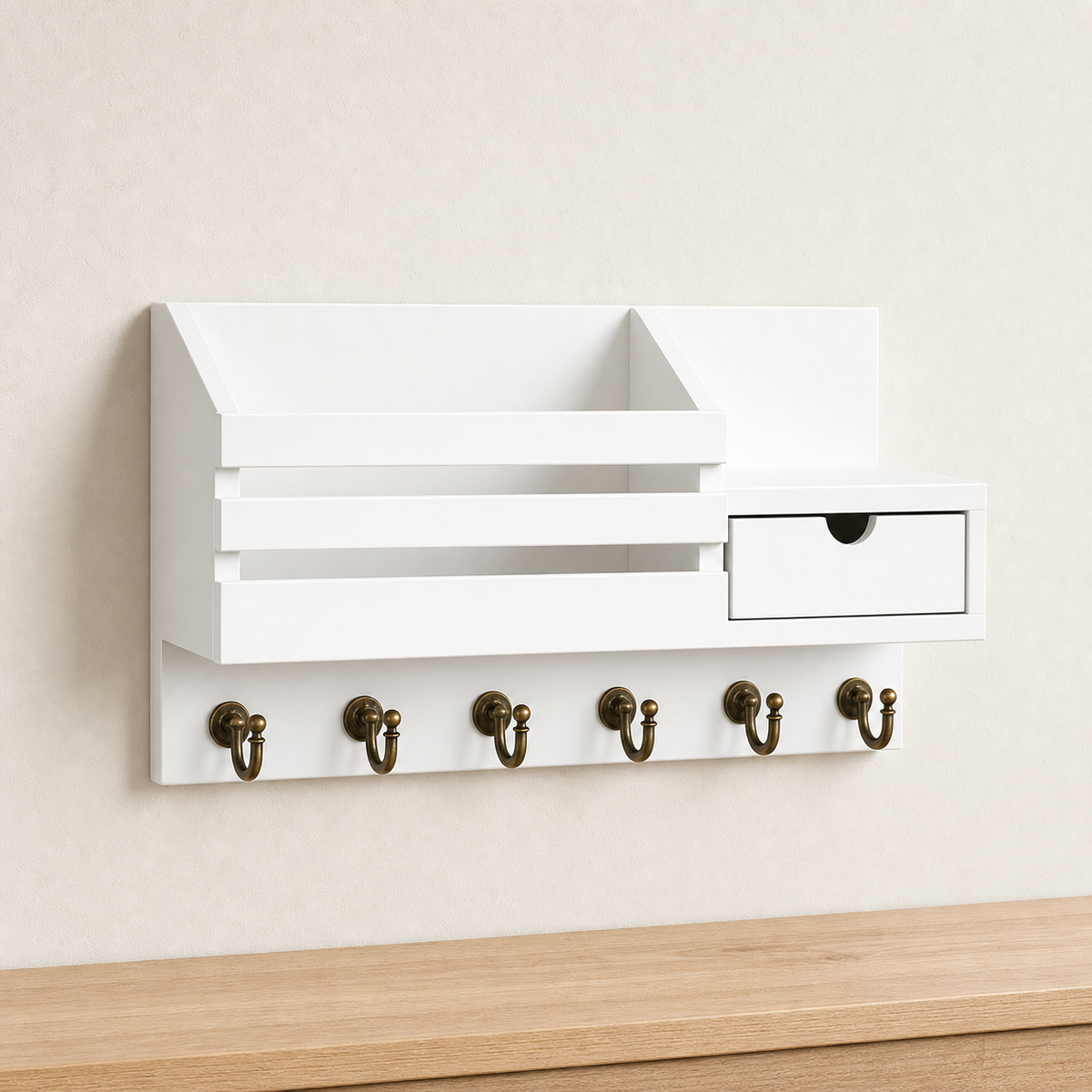 Wood Wall-Mounted Key Rack & Mail Organizer with 6 Hooks
