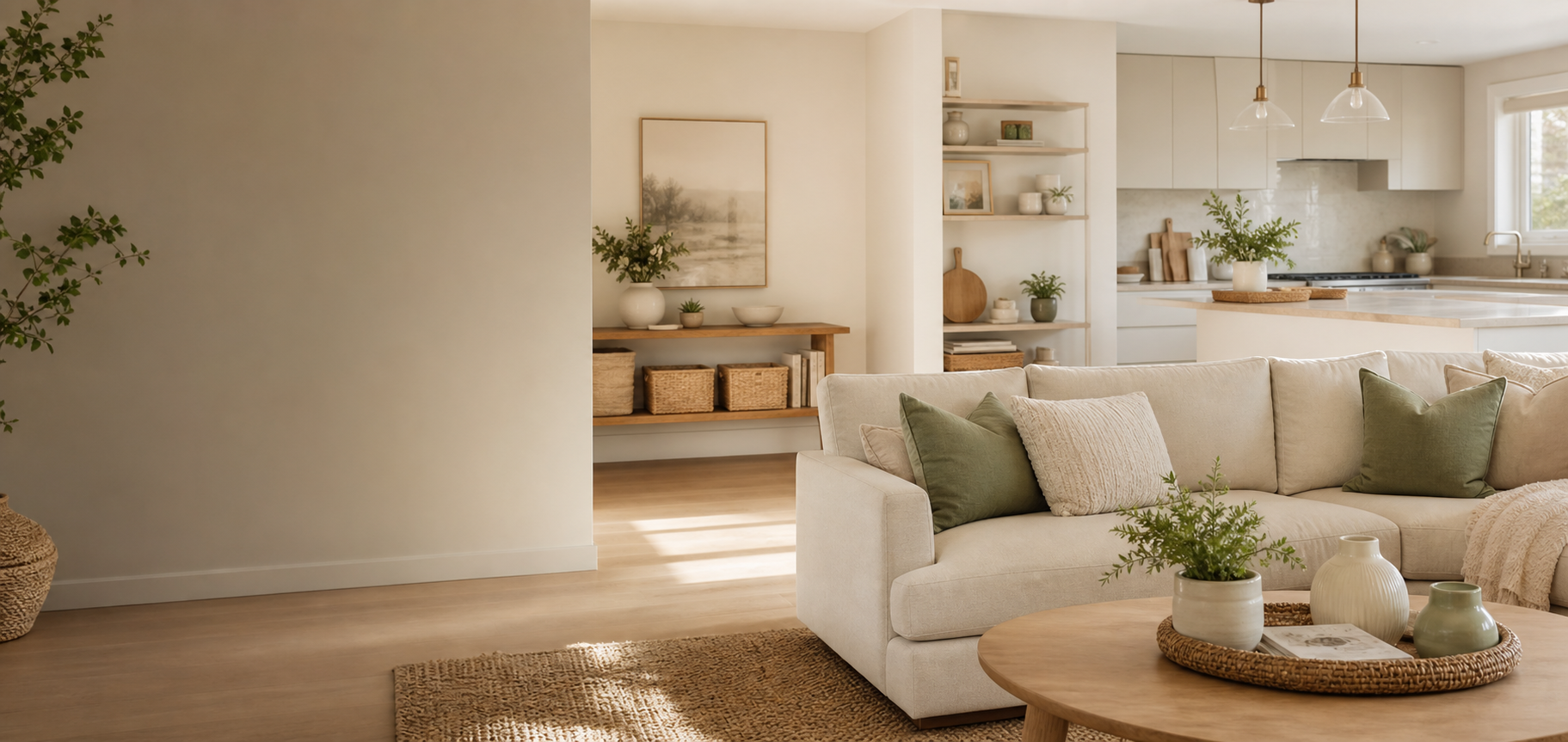 Warm modern living room with an organized neutral kitchen
