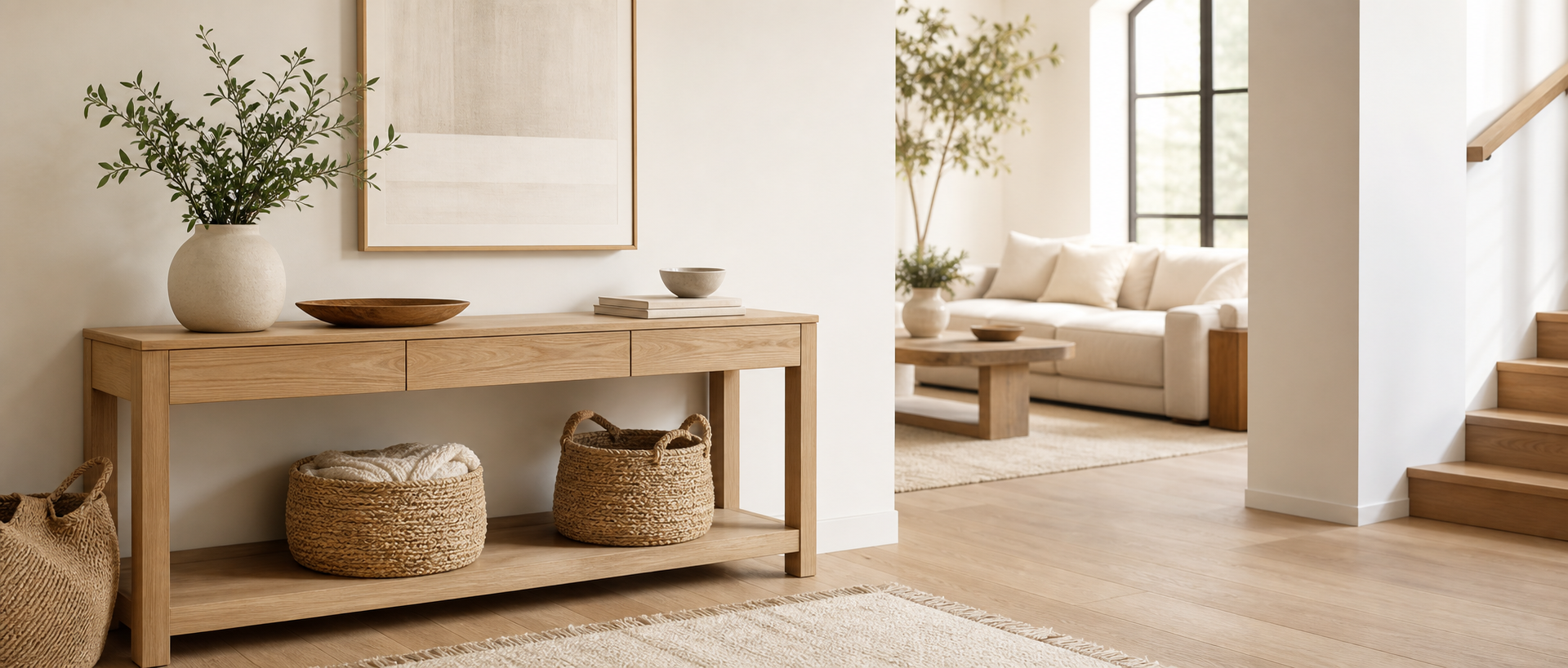 Calm modern entryway with natural wood and woven storage