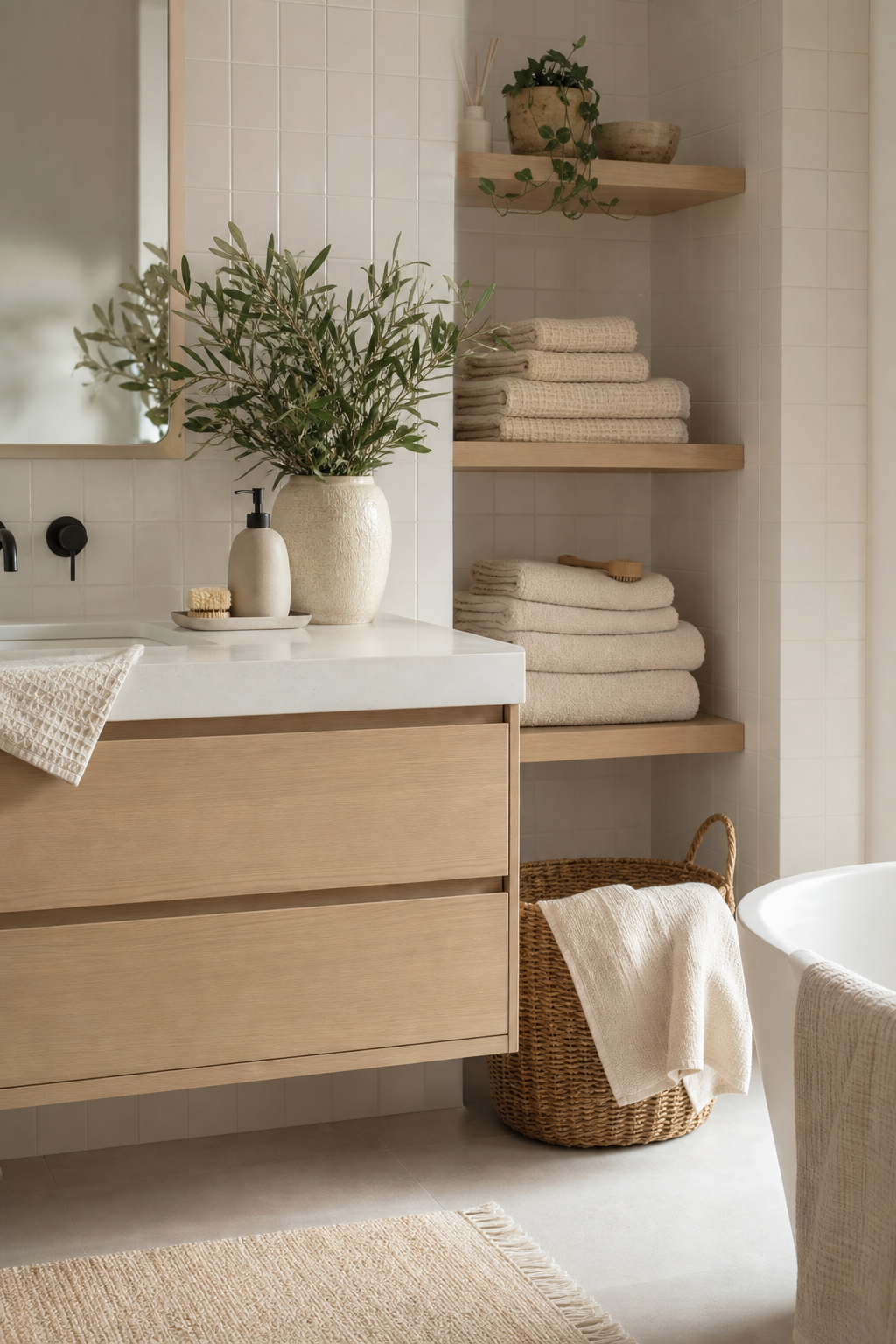 Calm neutral bathroom with organized towels and natural storage