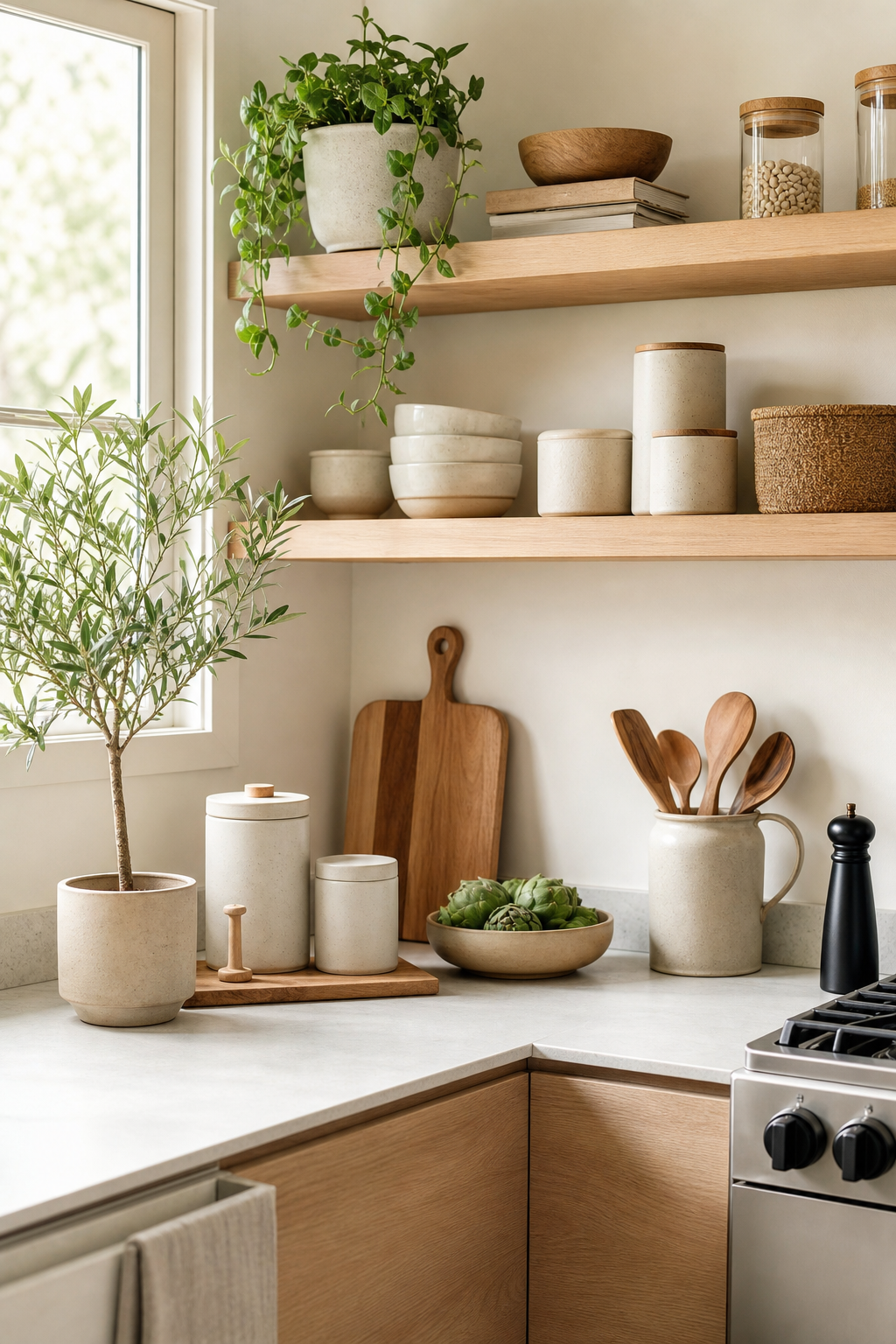 Warm neutral kitchen with practical open-shelf organization